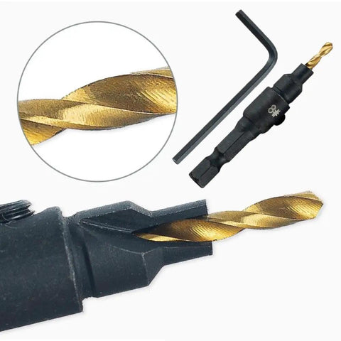 Close-up of Five Piece Countersink Drill Bit Set For US Wood Screws, high-speed steel, hex shank, and chamfered tip visible.