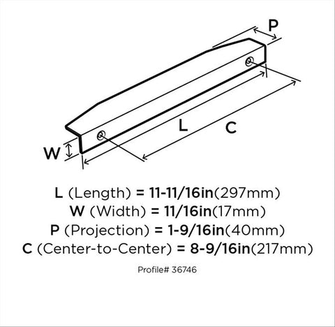 Technical drawing of Polished Nickel Edge Cabinet Pull Aloft 8 And 9 Sixteenth Inch Center To Center Modern Drawer Pull with dimensions.