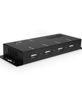 Rugged Metal 4 Port USB 2.0 Powered Hub For Industrial Use With Screw Lock, mountable steel chassis shown from front angle