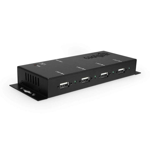 Rugged Metal 4 Port USB 2.0 Powered Hub For Industrial Use With Screw Lock, mountable steel chassis shown from front angle