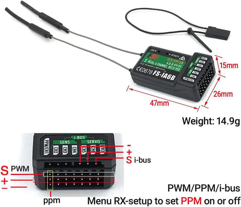 Six Channel 2.4GHz RC Transmitter And Receiver Set With AFHDS 2A Sky Radio Control System for FPV, showing FS IA6B module dimensions.