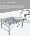 Heavy Duty Table Saw With Anti Chip Dust Filter And Precision Dual Blades For Butter Smooth Cuts Shop Grade workbench with foldable design and casters.
