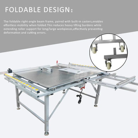 Heavy Duty Table Saw With Anti Chip Dust Filter And Precision Dual Blades For Butter Smooth Cuts Shop Grade workbench with foldable design and casters.