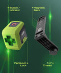 Self Leveling Green Laser Level With Cross Lines For Picture Hanging And Construction, Vertical And Horizontal Projection, Magnetic Rotating Stand, Portable Case Included, Pro Grade Bright 100 Ft Beam showing indicators and parts. 