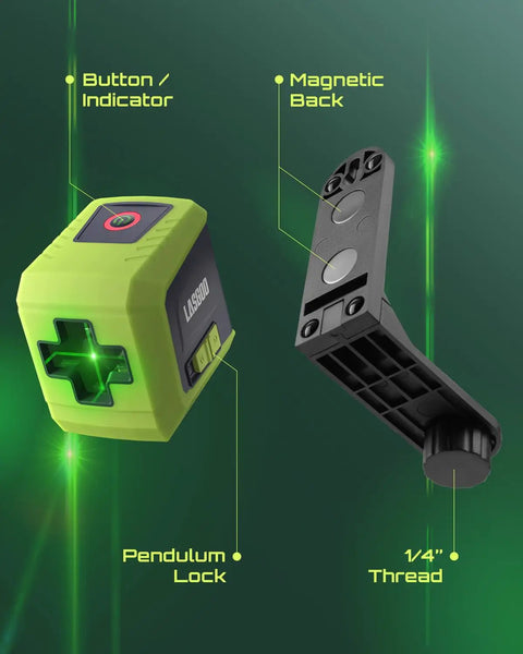 Self Leveling Green Laser Level With Cross Lines For Picture Hanging And Construction, Vertical And Horizontal Projection, Magnetic Rotating Stand, Portable Case Included, Pro Grade Bright 100 Ft Beam showing indicators and parts. 