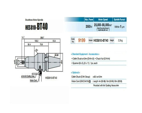 Crank Up Your Machine Shop With This Heavy Duty Killer Bt40 High Speed Spindle Adapter Featuring Water Cooled Quiet Bearings For Smooth Milling And Engraving Work, detailed technical diagram of HES810-BT40 spindle motor specifications.