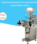 Automatic Servo Filling Machine For Pastes And Liquids Features Plug N Play Setup And No Sweat Operation Delivers Rock Solid Precision For Honey Jam Peanut Butter Sauces 100 To 1000 Ml Range viewed from the side with a stainless steel design.