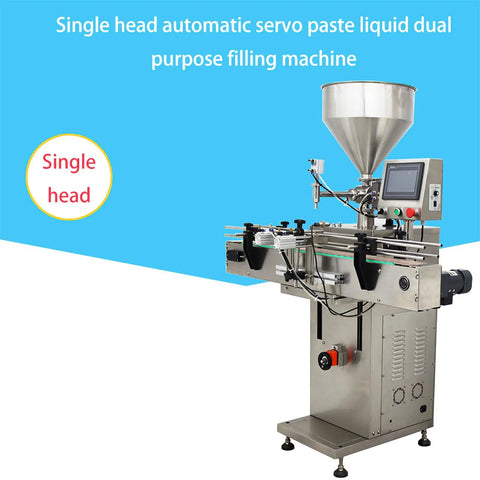 Automatic Servo Filling Machine For Pastes And Liquids Features Plug N Play Setup And No Sweat Operation Delivers Rock Solid Precision For Honey Jam Peanut Butter Sauces 100 To 1000 Ml Range viewed from the side with a stainless steel design.