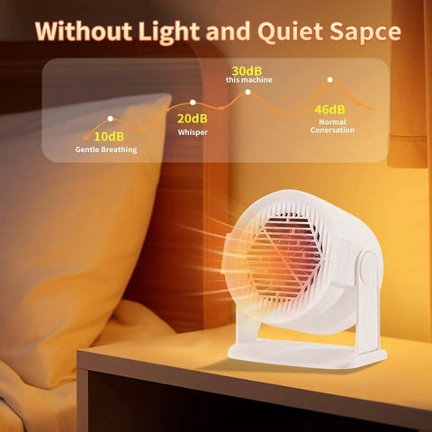 Quiet room with Compact Portable Space Heater With 400W Or 600W Power For Indoor Use 120 Degree Adjustable Swing Dual Heat Settings Overheat Protection Quiet Energy Efficient Fast Heating Toasty Desk Or Small Room Warmer on a nightstand.