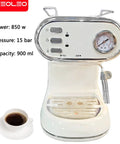 Built In Burr Grinder Espresso Machine With Quiet Operation And Smart Tamping Station For Fresh Ground Coffee Every Time Vintage Style Coffee Maker with power specs, coffee cup next to it.
