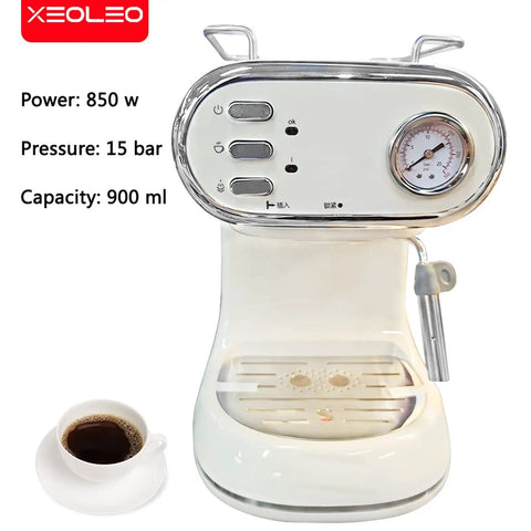Built In Burr Grinder Espresso Machine With Quiet Operation And Smart Tamping Station For Fresh Ground Coffee Every Time Vintage Style Coffee Maker with power specs, coffee cup next to it.
