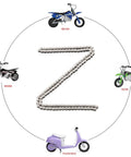 25H Drive Chain 126 Link For Razor MX350 MX400 ZR350 SX350 Dirt Rocket Bikes And Pocket Mod Scooters arranged in a circle with mini bikes