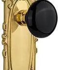 Old School Vintage Brass Door Plate With Black Porcelain Lead Crystal Knob, Passage Set For Hallway Or Closet