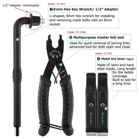 Close-up of tools from the All In One 23 Piece Bike Tool Kit With Durable Storage Case For Home Maintenance And On The Go Repairs