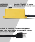 Front view of a yellow SENCTRL automatic vacuum switch for power tools with a 14AWG power cord and plug