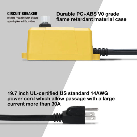 Front view of a yellow SENCTRL automatic vacuum switch for power tools with a 14AWG power cord and plug