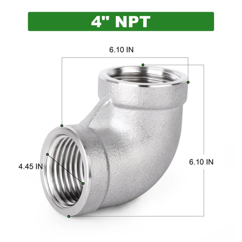 Beefy 304 Stainless Steel 90 Degree Elbow 4 Inch Female NPT To 4 Inch Female NPT Pipe Fitting Industrial Grade for Plumbing Water HVAC