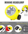 Rechargeable Safety Mining Headlamp With Dual Wearing Modes showing hard hat hook, charger, and LED light modes