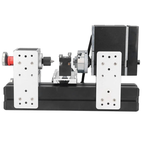 Badass Precision Desktop Mini Lathe Kit Featuring Quick Change Drill Chuck And Smooth Running 12 Volt Dc Motor At 12000 Rpm demonstrating side view with iron frame and precision chuck.