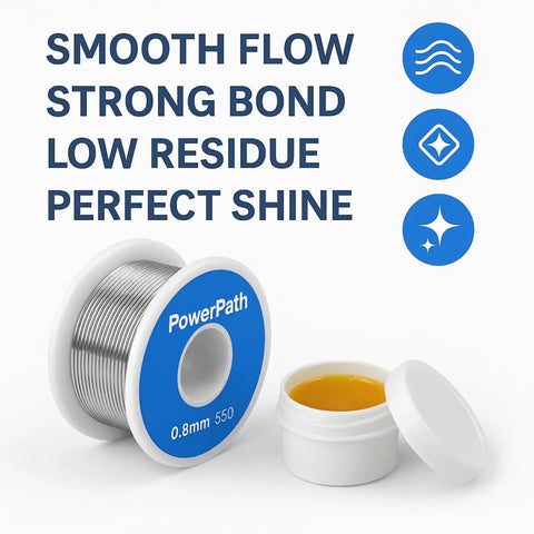 Soldering Kit With Rosin Core Solder Wire And Flux Paste 50g Tin Lead Solder Set For Electrical And Electronic Repair 0.75mm 50g Plus Flux Paste For Quick Fixes And DIY Projects, featuring a roll of soldering wire and open flux paste container, emphasizing smooth flow, strong bond, low residue, perfect shine.