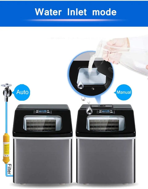 Portable Countertop Ice Maker Cranks Out 55 Pounds Of Fast Freezing Cubes In 24 Hours With LED Display And Auto Shut Off Feature Party Ready Design, showing water inlet modes.