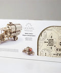 3D Wooden Puzzle Kit Mechanical Tanker Truck With Real Opening Tanker Cap Twist Knob Unfolds In A Snap Fits Standard 0.33 L Cans Open Frame Design For A Raw Rustic Look And Hands On STEAM Learning, boxed wooden parts