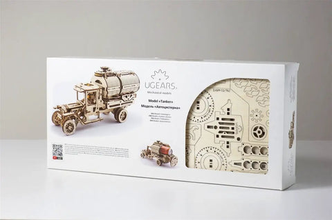 3D Wooden Puzzle Kit Mechanical Tanker Truck With Real Opening Tanker Cap Twist Knob Unfolds In A Snap Fits Standard 0.33 L Cans Open Frame Design For A Raw Rustic Look And Hands On STEAM Learning, boxed wooden parts