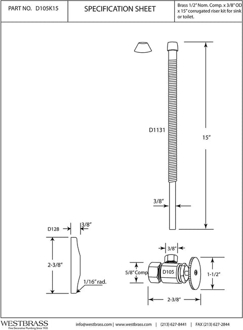 Diagram of Matte Black Corrugated Riser Supply Line Kit With One Quarter Turn Angle Stop Valve For Faucet And Toilet Five Eighths In OD