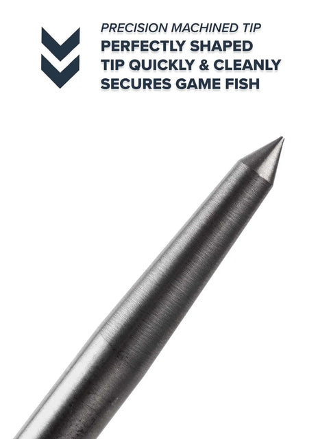 Close-up of the sharpened rod from Endeavor Spearfishing Stringer With 33 Inch Stainless Cable Heavy Duty 2 Inch Carabiner in blue.