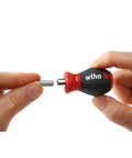 Hand holding Stubby Magnetic One Quarter Inch Bit Holder 57mm Stainless Steel With Strong Magnet And Soft Finish Grip