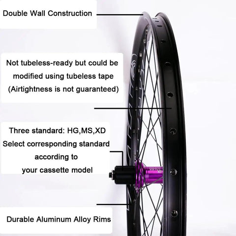 Close-up of All Terrain Mountain Bike Wheelset with 142 Hub, aluminum rims, and HG XD MS standards, side view profile.