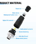 Exploded view of IP67 Waterproof M12 5 Pin Male Connector Field Wireable Straight Adapter showing components and materials