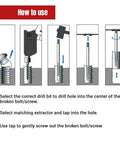 Instructions on using Six Piece Damaged Screw Extractor Set With One Quarter Inch Quick Change Arbors For Stripped Screws