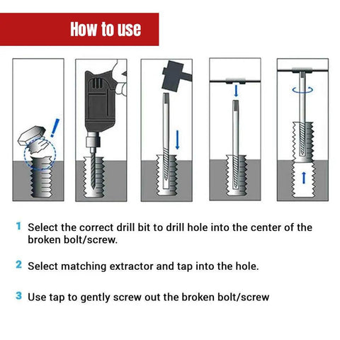 Instructions on using Six Piece Damaged Screw Extractor Set With One Quarter Inch Quick Change Arbors For Stripped Screws