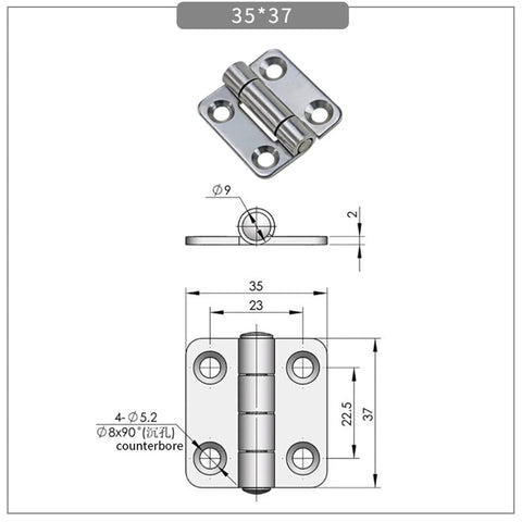 304 stainless steel damping shaft positioning hinge, 35×37 mm, front view with four mounting holes