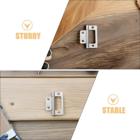 12-Piece Thickened Stainless Steel Silent Cabinet Hinges Kit with Flush Mount Design displayed on wood surfaces