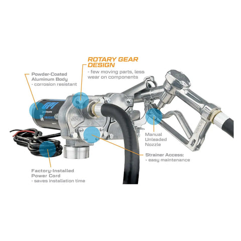 M-150 Series No Nonsense 12V Fuel Transfer Pump Kit With Manual Shutoff Unleaded Nozzle, 15 GPM, Includes Hose With Static Wire, Telescoping Suction Pipe, Tank Adapter, Fuse Assembly And Power Cord; aluminum body and power cord
