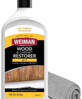 Revive Your Wood Furniture And Kitchen Cabinets With This Deep Cleaning Polish Bundle That Sweeps Away Grime Dust And Scratches While Locking In A Glossy Finish With UV Protection. A bottle of Weiman wood and cabinet restorer with a clean cloth.