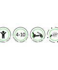 Specifications infographic for Pedal Go Kart for Kids; max 50kg, age 4-10, weight 8.5kg, featuring realistic driving action.