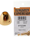Close-up of large gold tungsten coneheads for fly fishing flies with faster sinking weight and a snag resistant cone design.