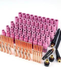 96 Piece TIG Consumables Kit With Foam Case for WP 17 18 26 Torch displayed with alumina cups, copper collets, back caps