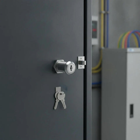 Cam Lock For Cabinets And Drawers, Quick Install Zinc Alloy Security Lock With Keys on a metal cabinet door, 1 Pack