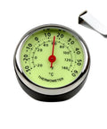 Front view of a 1.57-inch car dashboard thermometer with air vent clip, chrome bezel and lime dial.
