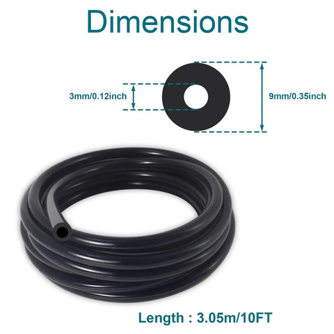 Heavy Duty Silicone Vacuum Hose For Cars, 10 Ft Length, 1/8 Inch ID, coiled with dimension diagram, high temp flexible vacuum line