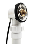 Close-up of Rock Solid 1 1/2 Inch Schedule 40 PVC Cable Driven Bath Waste Kit with brass knob and smooth pop-up mechanism.