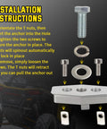 Four Pack ATV And UTV Anchor Tie Down Anchors Compatible With Can Am Sea Doo Ski Doo Convert Factory Holes Into Threaded Bolt Holes installation diagram with screws and T-nuts shown.