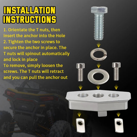 Four Pack ATV And UTV Anchor Tie Down Anchors Compatible With Can Am Sea Doo Ski Doo Convert Factory Holes Into Threaded Bolt Holes installation diagram with screws and T-nuts shown.