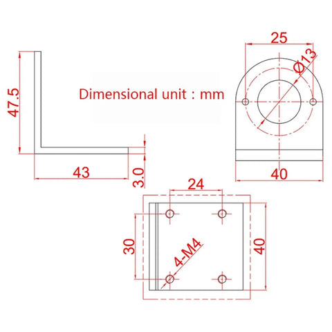 Black aluminum L-shaped motor bracket for 550/545/555 DC motors; fixed mounting with four M4 holes, 3 mm thick.
