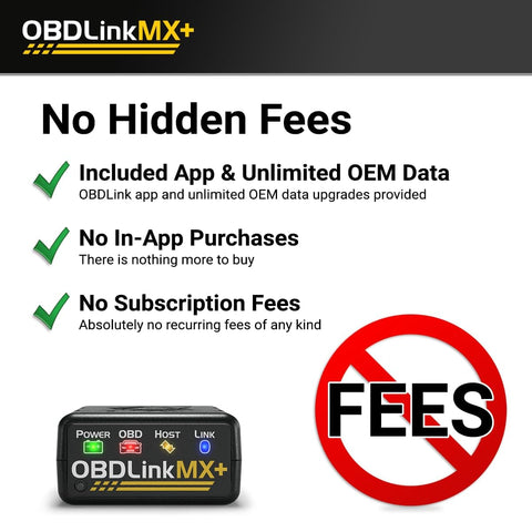 MX Plus OBD2 Bluetooth Scanner For iPhone Android And Windows Turns Your Phone Into A Pro Diagnostic Tool displayed with no hidden fees
