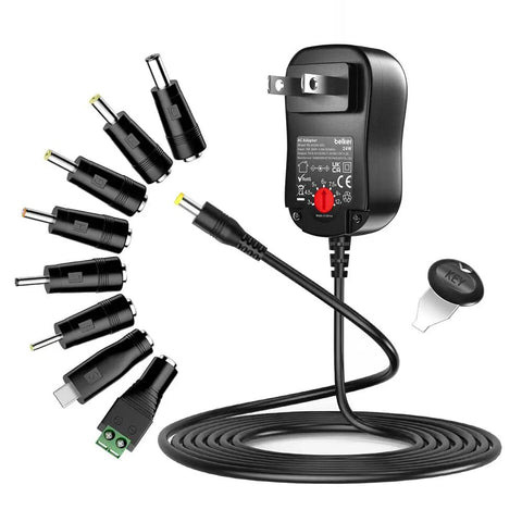 Universal 24W AC DC Wall Wart Power Adapter with 8 interchangeable tips for router, light strip, CCTV, speaker, and more